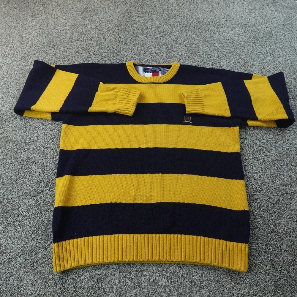 VTG Tommy Hilfiger Sweater Mens XL‎ Blue Yellow Rugby Striped Crewneck Pullover